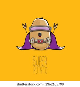 vector funny cartoon cute brown super hero potato with mask, violet hero cape and gun isolated on orange background. My name is potato vector concept. super funky vegetable food character