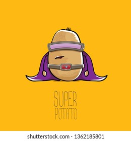 vector funny cartoon cute brown super hero potato with mask, violet hero cape and gun isolated on orange background. My name is potato vector concept. super funky vegetable food character