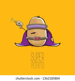 vector funny cartoon cute brown super hero potato with mask, violet hero cape and gun isolated on orange background. My name is potato vector concept. super funky vegetable food character
