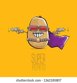 vector funny cartoon cute brown super hero potato with mask, violet hero cape and gun isolated on orange background. My name is potato vector concept. super funky vegetable food character
