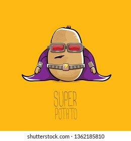 vector funny cartoon cute brown super hero potato with mask, violet hero cape and gun isolated on orange background. My name is potato vector concept. super funky vegetable food character