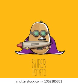 vector funny cartoon cute brown super hero potato with mask, violet hero cape and gun isolated on orange background. My name is potato vector concept. super funky vegetable food character