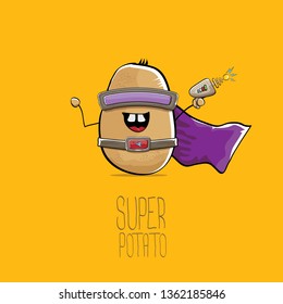 vector funny cartoon cute brown super hero potato with mask, violet hero cape and gun isolated on orange background. My name is potato vector concept. super funky vegetable food character