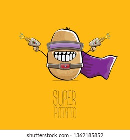 vector funny cartoon cute brown super hero potato with mask, violet hero cape and gun isolated on orange background. My name is potato vector concept. super funky vegetable food character