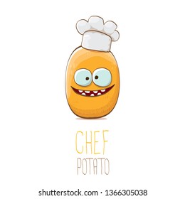 vector funny cartoon cute brown chef potato isolated on white background. My name is potato vector concept. vegetable funky character with chef hat