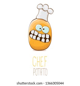 vector funny cartoon cute brown chef potato isolated on white background. My name is potato vector concept. vegetable funky character with chef hat