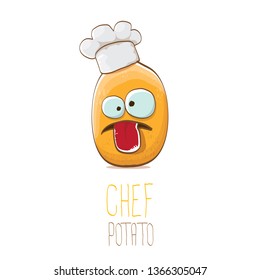 vector funny cartoon cute brown chef potato isolated on white background. My name is potato vector concept. vegetable funky character with chef hat