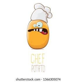 vector funny cartoon cute brown chef potato isolated on white background. My name is potato vector concept. vegetable funky character with chef hat