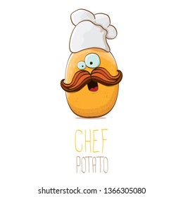 vector funny cartoon cute brown chef potato isolated on white background. My name is potato vector concept. vegetable funky character with chef hat