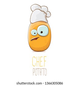 vector funny cartoon cute brown chef potato isolated on white background. My name is potato vector concept. vegetable funky character with chef hat