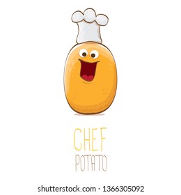 vector funny cartoon cute brown chef potato isolated on white background. My name is potato vector concept. vegetable funky character with chef hat