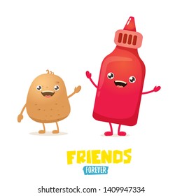 vector funny cartoon cute brown smiling tiny potato character with ketchup bottle isolated on white background. vegetable funky character. Best friend or friendship day concept