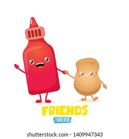 vector funny cartoon cute brown smiling tiny potato character with ketchup bottle isolated on white background. vegetable funky character. Best friend or friendship day concept
