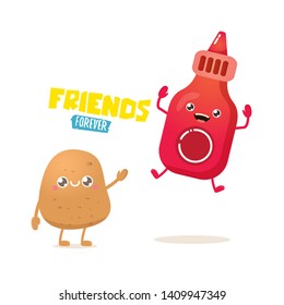 vector funny cartoon cute brown smiling tiny potato character with ketchup bottle isolated on white background. vegetable funky character. Best friend or friendship day concept