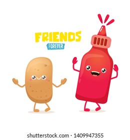 vector funny cartoon cute brown smiling tiny potato character with ketchup bottle isolated on white background. vegetable funky character. Best friend or friendship day concept