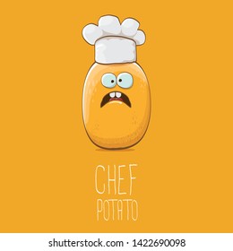 vector funny cartoon cute brown chef potato isolated on orange background. My name is potato vector concept. vegetable funky character with chef hat 