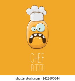 vector funny cartoon cute brown chef potato isolated on orange background. My name is potato vector concept. vegetable funky character with chef hat 