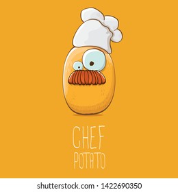 vector funny cartoon cute brown chef potato isolated on orange background. My name is potato vector concept. vegetable funky character with chef hat 