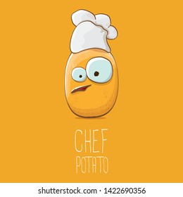 vector funny cartoon cute brown chef potato isolated on orange background. My name is potato vector concept. vegetable funky character with chef hat 