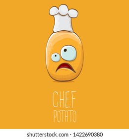 vector funny cartoon cute brown chef potato isolated on orange background. My name is potato vector concept. vegetable funky character with chef hat 