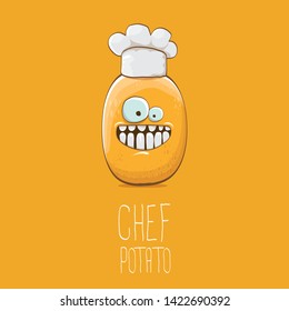 vector funny cartoon cute brown chef potato isolated on orange background. My name is potato vector concept. vegetable funky character with chef hat 