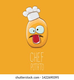 vector funny cartoon cute brown chef potato isolated on orange background. My name is potato vector concept. vegetable funky character with chef hat 