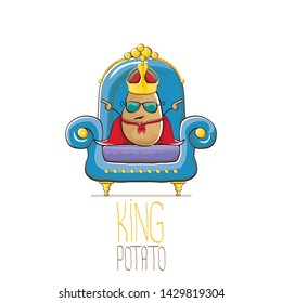 vector funny cartoon cute brown smiling king potato with golden royal crown and red mantle or cape sitting on blue throne isolated on white background. vegetable funky food drawn character 