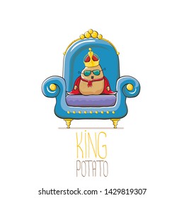 vector funny cartoon cute brown smiling king potato with golden royal crown and red mantle or cape sitting on blue throne isolated on white background. vegetable funky food drawn character 