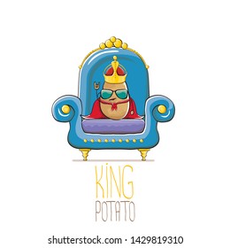 vector funny cartoon cute brown smiling king potato with golden royal crown and red mantle or cape sitting on blue throne isolated on white background. vegetable funky food drawn character 