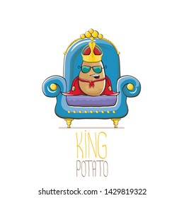 vector funny cartoon cute brown smiling king potato with golden royal crown and red mantle or cape sitting on blue throne isolated on white background. vegetable funky food drawn character 