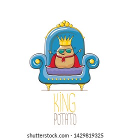 vector funny cartoon cute brown smiling king potato with golden royal crown and red mantle or cape sitting on blue throne isolated on white background. vegetable funky food drawn character 