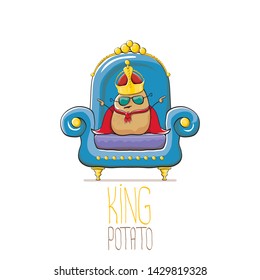 vector funny cartoon cute brown smiling king potato with golden royal crown and red mantle or cape sitting on blue throne isolated on white background. vegetable funky food drawn character 