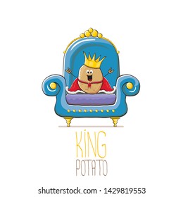 vector funny cartoon cute brown smiling king potato with golden royal crown and red mantle or cape sitting on blue throne isolated on white background. vegetable funky food drawn character 