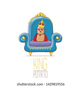 vector funny cartoon cute brown smiling king potato with golden royal crown and red mantle or cape sitting on blue throne isolated on white background. vegetable funky food drawn character 