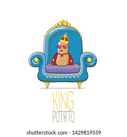 vector funny cartoon cute brown smiling king potato with golden royal crown and red mantle or cape sitting on blue throne isolated on white background. vegetable funky food drawn character 