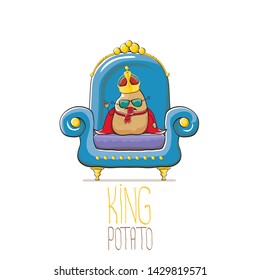 vector funny cartoon cute brown smiling king potato with golden royal crown and red mantle or cape sitting on blue throne isolated on white background. vegetable funky food drawn character 