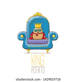 vector funny cartoon cute brown smiling king potato with golden royal crown and red mantle or cape sitting on blue throne isolated on white background. vegetable funky food drawn character 