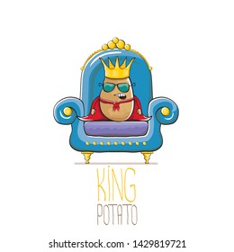 vector funny cartoon cute brown smiling king potato with golden royal crown and red mantle or cape sitting on blue throne isolated on white background. vegetable funky food drawn character 