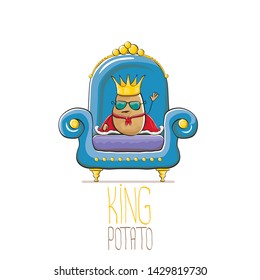 vector funny cartoon cute brown smiling king potato with golden royal crown and red mantle or cape sitting on blue throne isolated on white background. vegetable funky food drawn character 