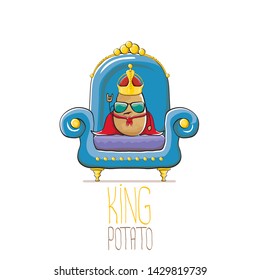 vector funny cartoon cute brown smiling king potato with golden royal crown and red mantle or cape sitting on blue throne isolated on white background. vegetable funky food drawn character 