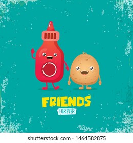 vector funny cartoon cute brown smiling tiny potato character with ketchup bottle isolated on azure background. vegetable funky character. Best friend or friendship day concept