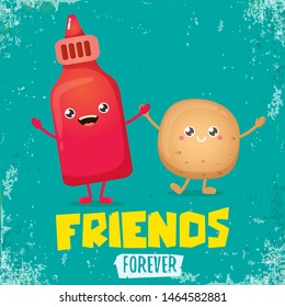 vector funny cartoon cute brown smiling tiny potato character with ketchup bottle isolated on azure background. vegetable funky character. Best friend or friendship day concept
