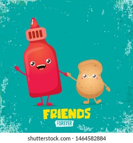 vector funny cartoon cute brown smiling tiny potato character with ketchup bottle isolated on azure background. vegetable funky character. Best friend or friendship day concept