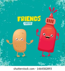 vector funny cartoon cute brown smiling tiny potato character with ketchup bottle isolated on azure background. vegetable funky character. Best friend or friendship day concept