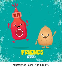 vector funny cartoon cute brown smiling tiny potato character with ketchup bottle isolated on azure background. vegetable funky character. Best friend or friendship day concept