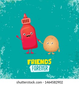 vector funny cartoon cute brown smiling tiny potato character with ketchup bottle isolated on azure background. vegetable funky character. Best friend or friendship day concept