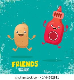 vector funny cartoon cute brown smiling tiny potato character with ketchup bottle isolated on azure background. vegetable funky character. Best friend or friendship day concept