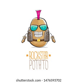 vector funny cartoon cute brown punk rock star potato character with Iroquois isolated on white background. My name is potato vector concept. rock n rock hipster vegetable funky character