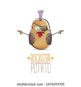 vector funny cartoon cute brown punk rock star potato character with Iroquois isolated on white background. My name is potato vector concept. rock n rock hipster vegetable funky character