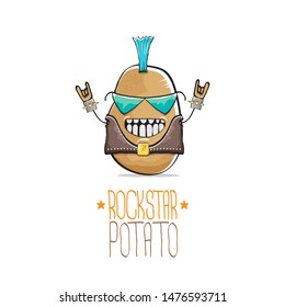 vector funny cartoon cute brown punk rock star potato character with Iroquois isolated on white background. My name is potato vector concept. rock n rock hipster vegetable funky character